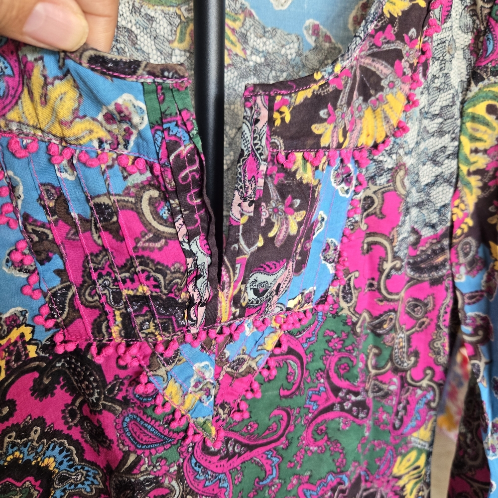 Lucky Brand XS Boho Paisley Floral Cotton Peasant Top Pink Blue - Picture 13 of 13